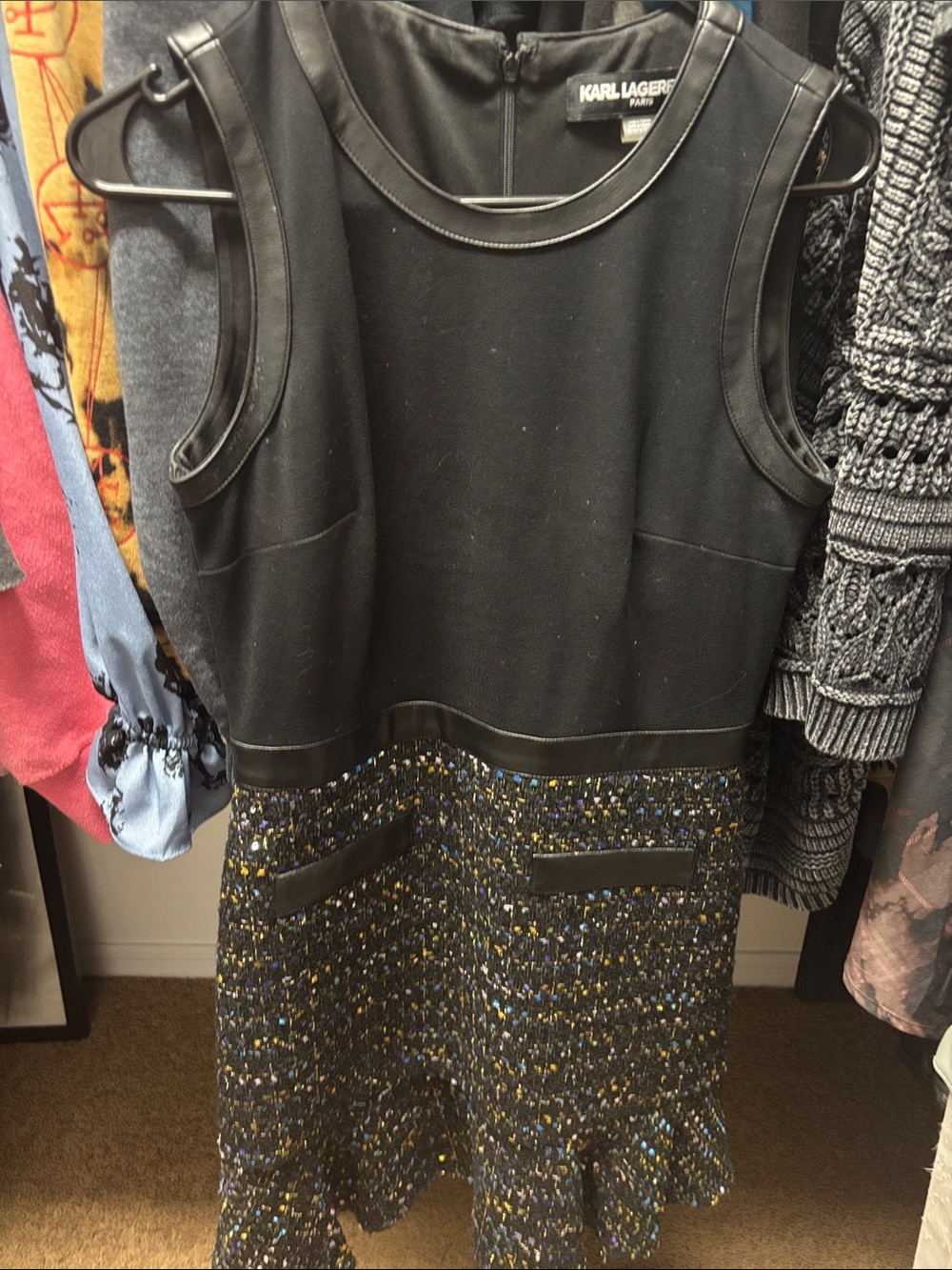 Karl Lagerfeld Black Tweed-Accent Sleeveless Dress